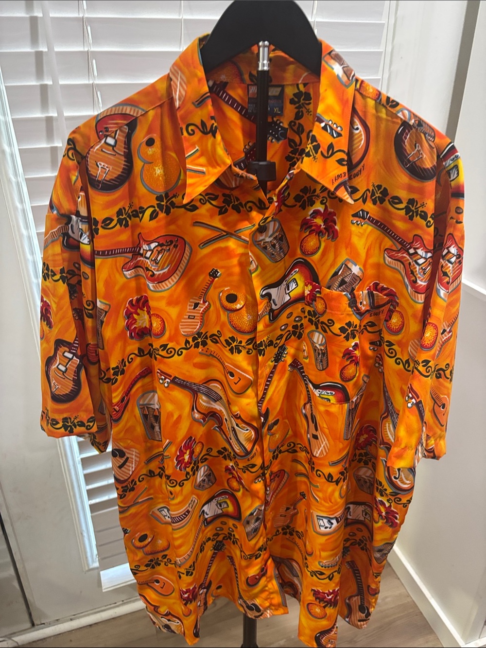 NYC Orange Hawaiian Guitar-Print Casual Button-Down Shirt
